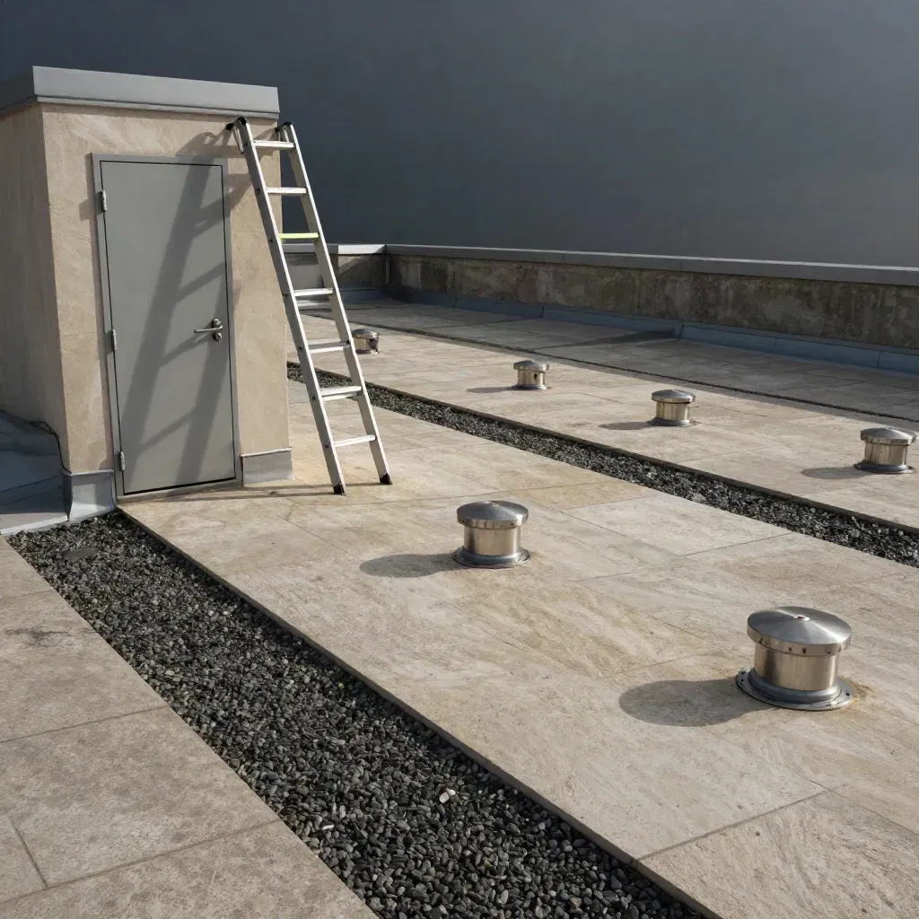 Dakterras met branddeur, inspectieladder en dakdoorvoeren in hard ochtendlicht.